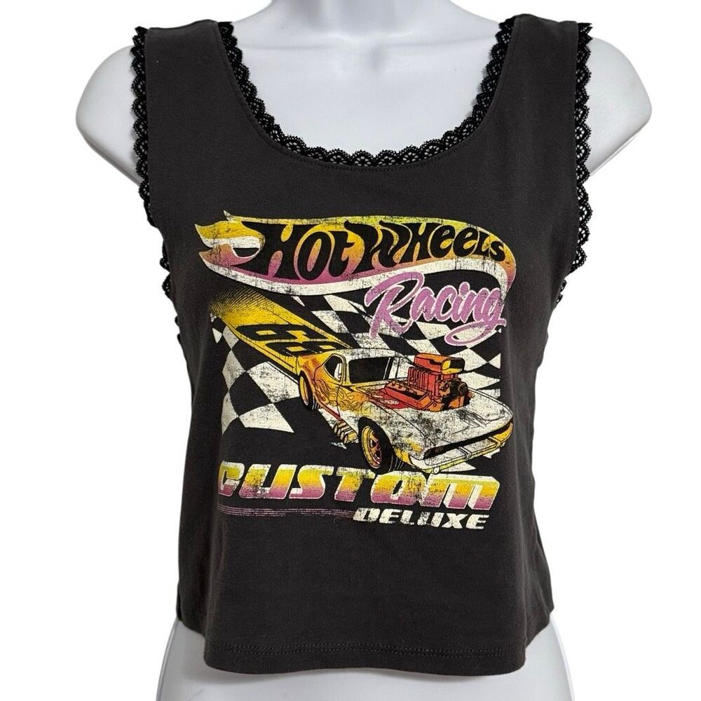 Hot Wheels Racing Custom Deluxe Lace Trim Graphic Tank Top Black Y2K Moto Grunge